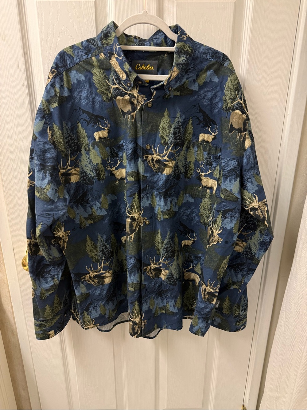 Cabelas Mens 2XL XXL All Over Print Elk Mountains Button Down Shirt Blue